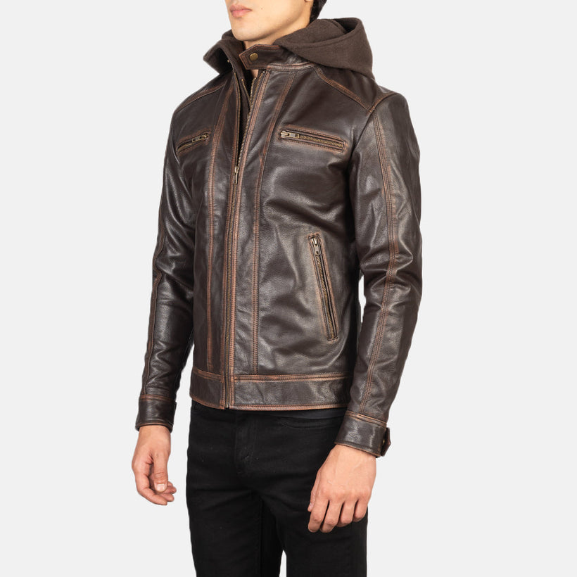 Hector Vintage Ruskea Hooded Nahkainen Biker-takki Miehille
