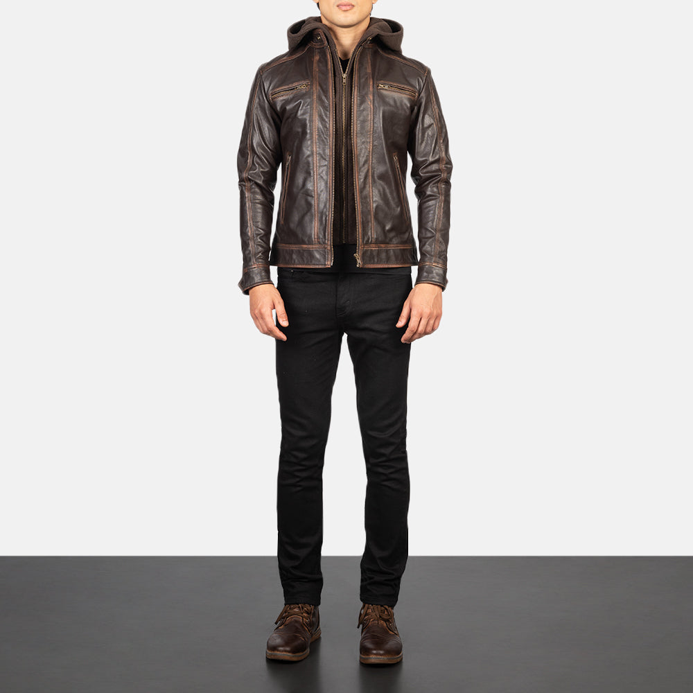 
Hector Vintage Ruskea Hooded Nahkainen Biker-takki Miehille - Sivuprofiili ergonomisella hihanleikkauksella