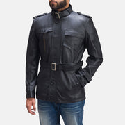 Hunter Musta Nahkatakki Miehille - Lateral Side Profile View Showing Sleeve Cut &amp; Athletic Taper Fit