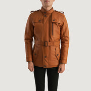 
Yksityiskohtainen lähikuva of Band (Buttoned) & Zipper with Button Flap Hardware on Hunter Vaaleanruskea Ruskea Fur Nahkatakki Miehille