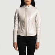 Women's Ice Maiden Silver Quilted Nahkainen Biker-takki Naisille in Silver Sheepskin Leather - Front Profile View &amp; Tailored Silhouette | Buy Online