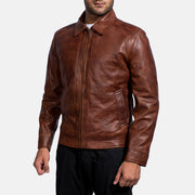 Styled Fit Perspective of Men's Inferno Ruskea Nahkatakki Miehille on Model - Natural Daylight Drape