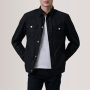 Irwin Musta Waxed Canvas Field Nahkatakki Miehille For Men in Black Waxed Cotton Canvas - Front Profile View &amp; Tailored Silhouette | Buy Online