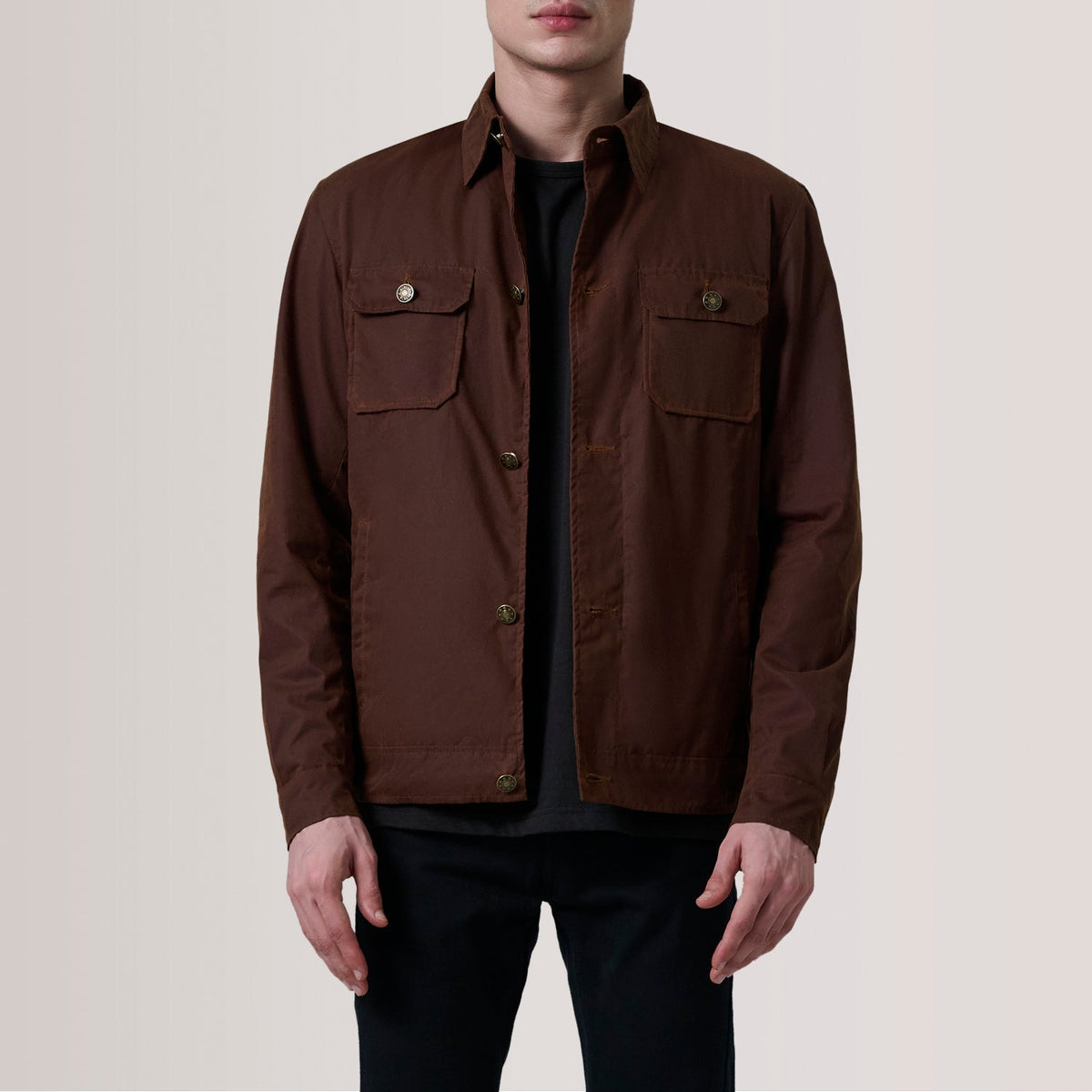 Irwin Ruskea Waxed Canvas Field Nahkatakki Miehille For Men in Brown Waxed Cotton Canvas - Front Profile View &amp; Tailored Silhouette | Buy Online