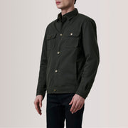 Irwin Olive Waxed Canvas Field Nahkatakki Miehille For Men - Lateral Side Profile View Showing Sleeve Cut &amp; Athletic Taper Fit