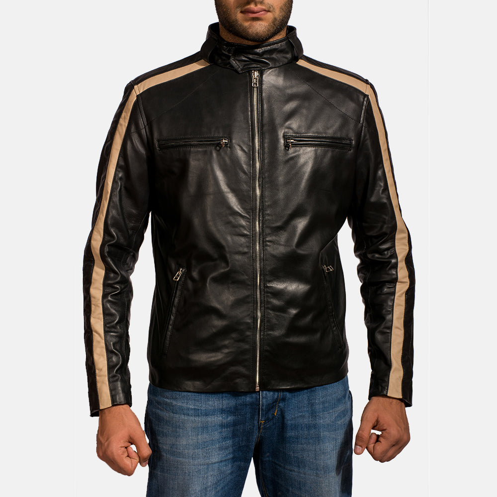 Men's Jack Musta Nahkainen Biker-takki Miehille in Black Sheepskin Leather - Front Profile View &amp; Tailored Silhouette | Buy Online