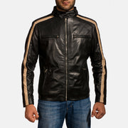 Men's Jack Musta Nahkainen Biker-takki Miehille in Black Sheepskin Leather - Front Profile View &amp; Tailored Silhouette | Buy Online