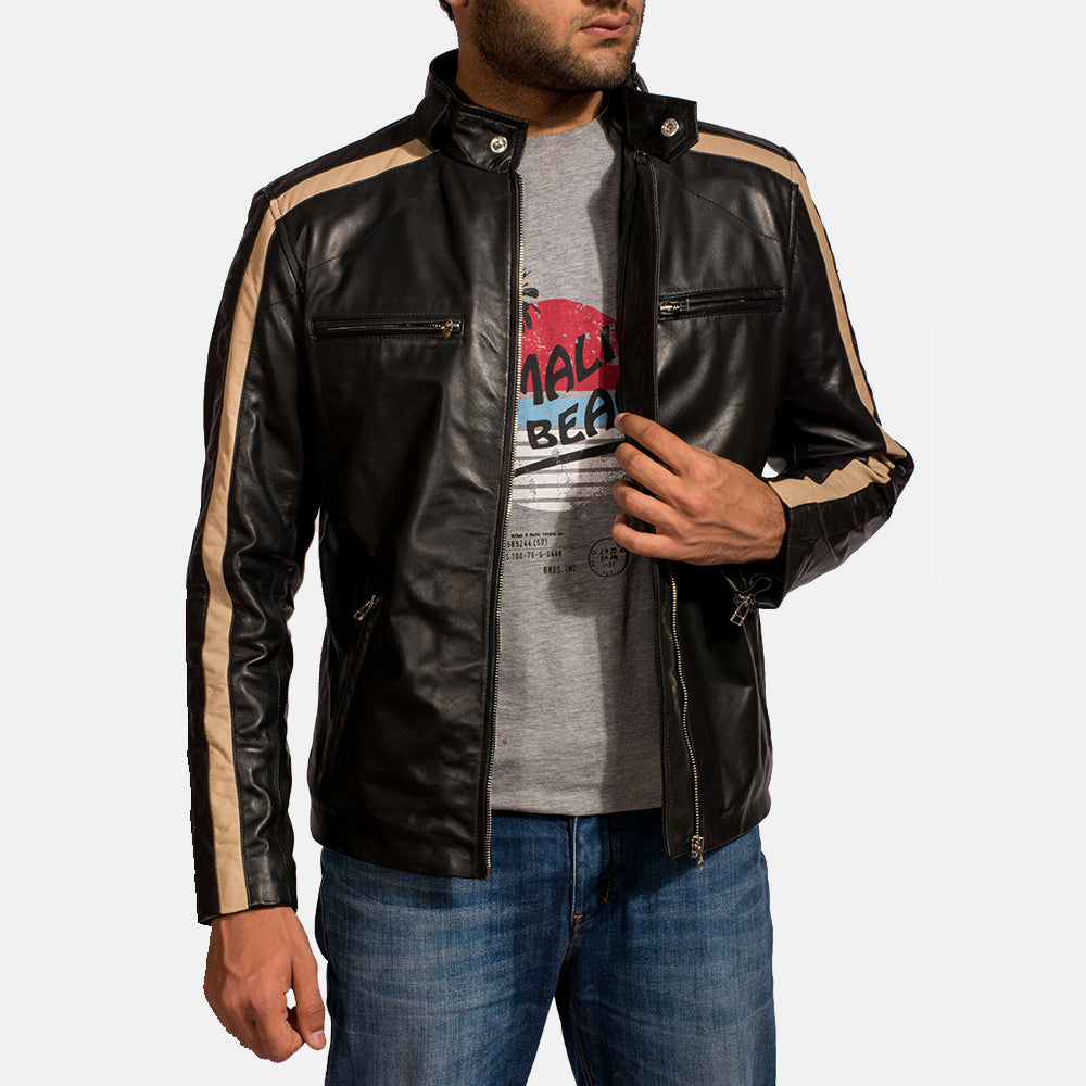 Men's Jack Musta Nahkainen Biker-takki Miehille - Lateral Side Profile View Showing Sleeve Cut &amp; Athletic Taper Fit