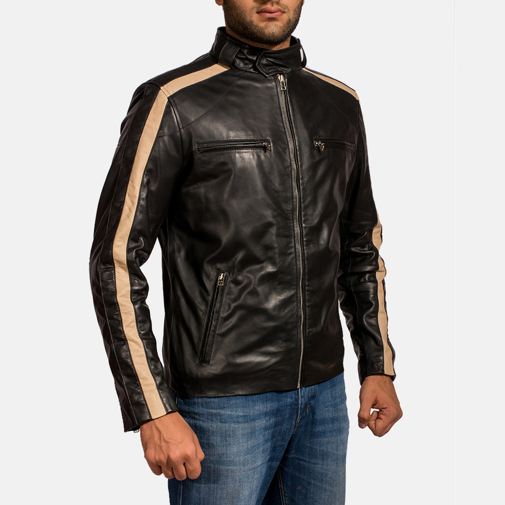 Close-Up Detail of Band with snap button &amp; Zipper Hardware on Men's Jack Musta Nahkainen Biker-takki Miehille