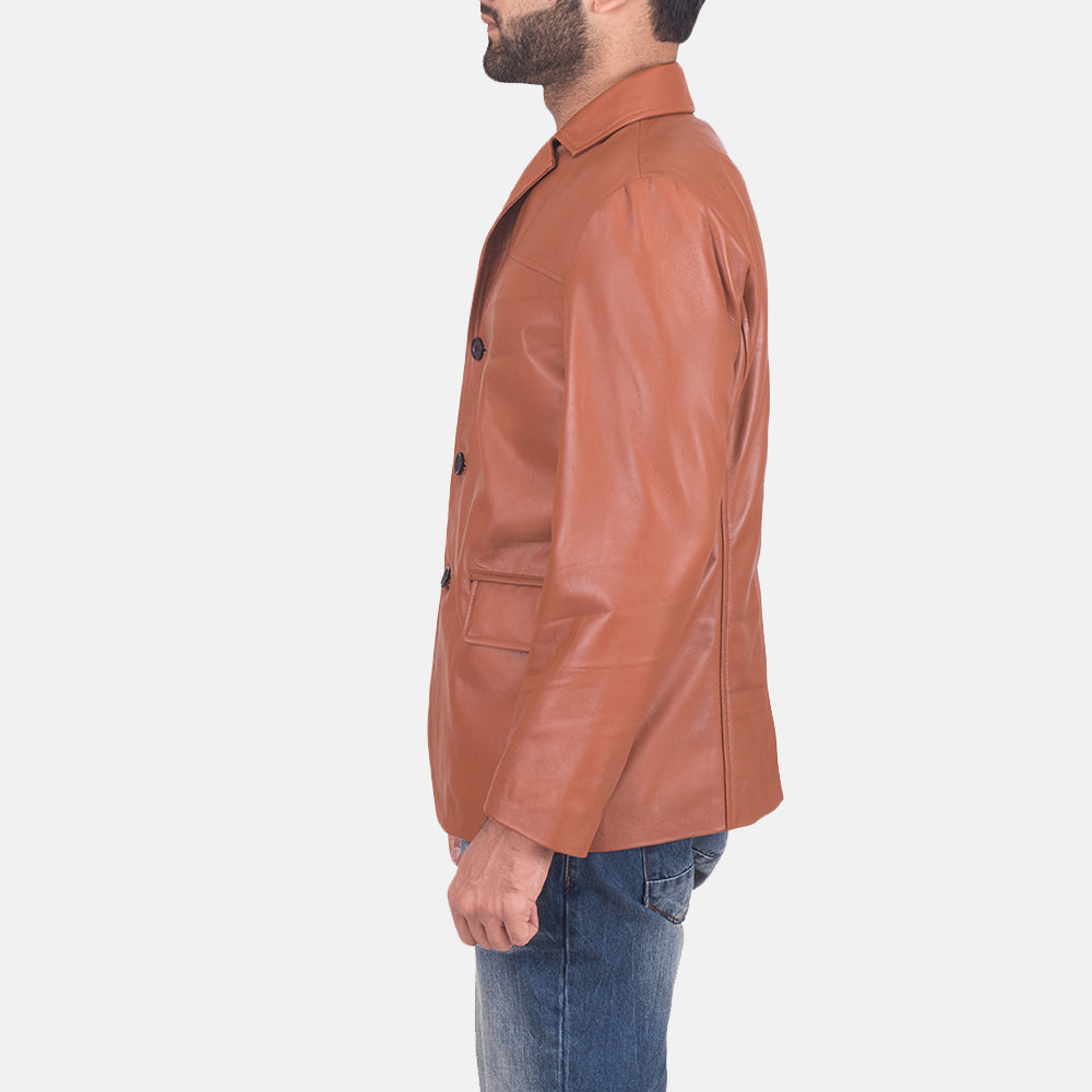 James Vaaleanruskea Ruskea Nahkainen Bleiseri Miehille - Lateral Side Profile View Showing Sleeve Cut &amp; Athletic Taper Fit