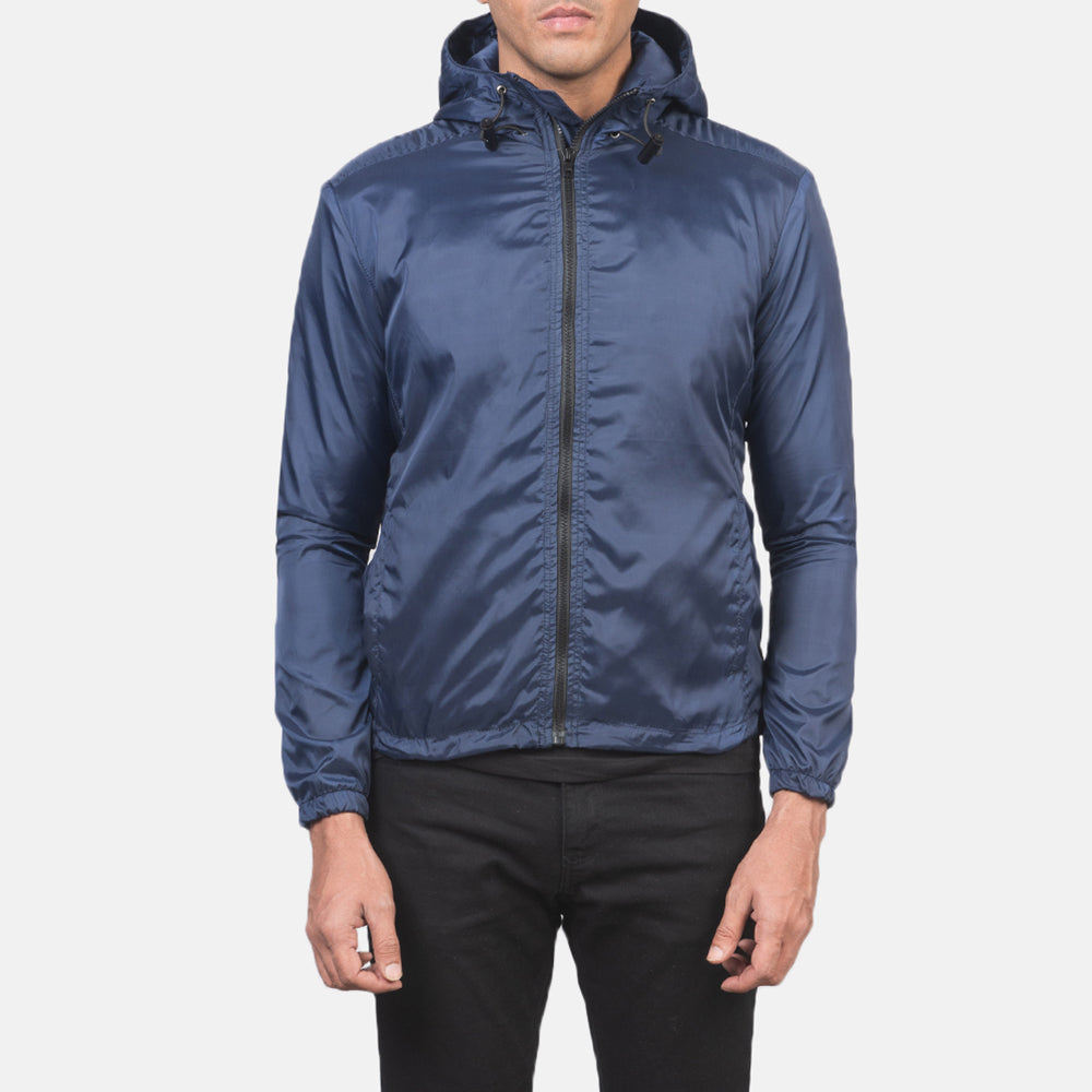 Jimmy Blue Hooded Windbreaker Jacket in Blue Nylon - Edestä ja räätälöity siluetti | Osta verkosta