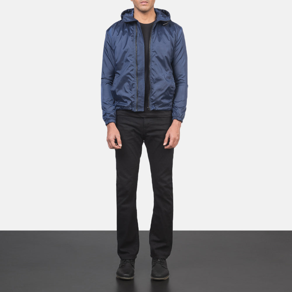
Jimmy Sininen Hooded Windbreaker Nahkatakki Miehille - Sivuprofiili ergonomisella hihanleikkauksella