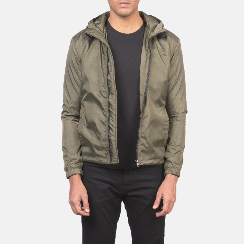 Jimmy Green Hooded Windbreaker Jacket in Green Nylon - Edestä ja räätälöity siluetti | Osta verkosta