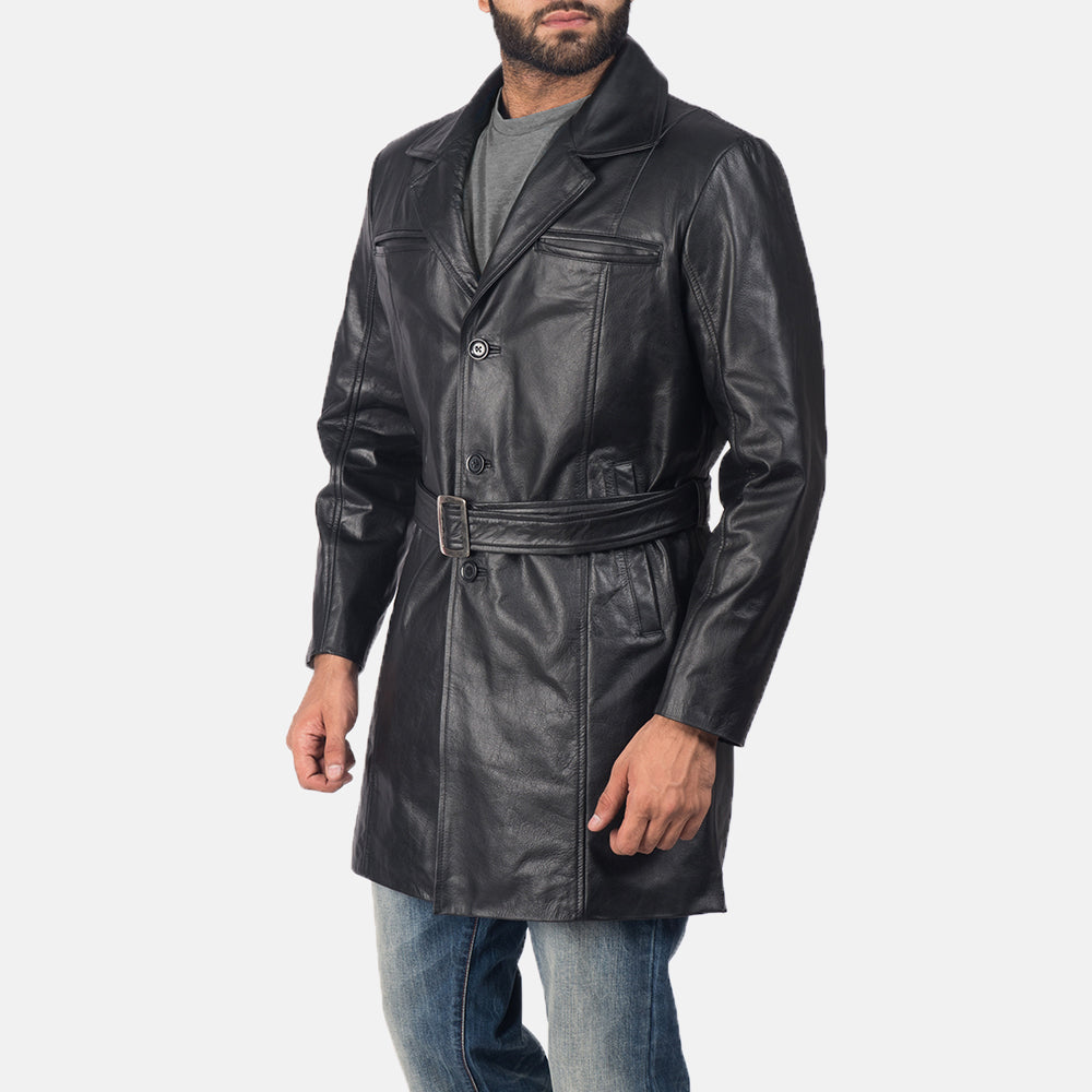 Black Cowhide leather Coat - Back View Showing Tailored Shoulder Fit &amp; Clean Hemline