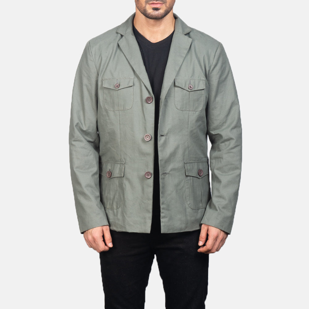 Kajetan Grey Safari Nahkatakki Miehille in Grey Poly-Cotton - Front Profile View &amp; Tailored Silhouette | Buy Online