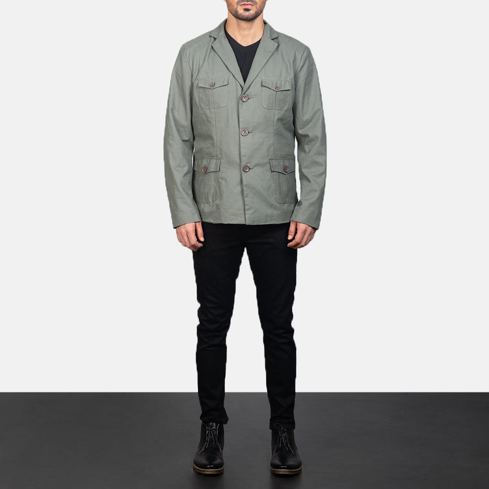 Kajetan Grey Safari Nahkatakki Miehille - Lateral Side Profile View Showing Sleeve Cut &amp; Athletic Taper Fit