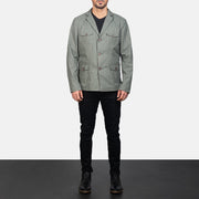 Kajetan Grey Safari Nahkatakki Miehille - Lateral Side Profile View Showing Sleeve Cut &amp; Athletic Taper Fit