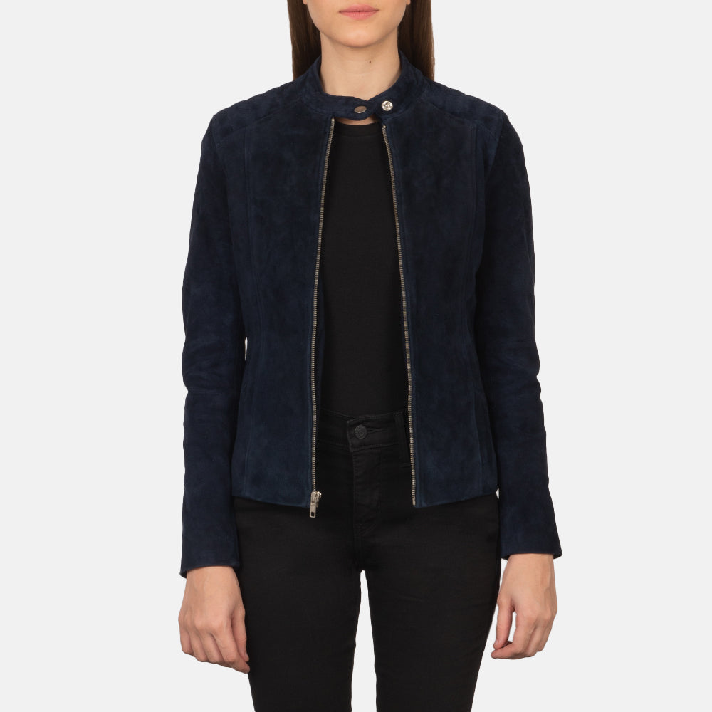 
Kelsee Navy Blue Suede Biker Jacket in Navy Blue Goatskin Suede - Edestä ja räätälöity siluetti | Osta verkosta