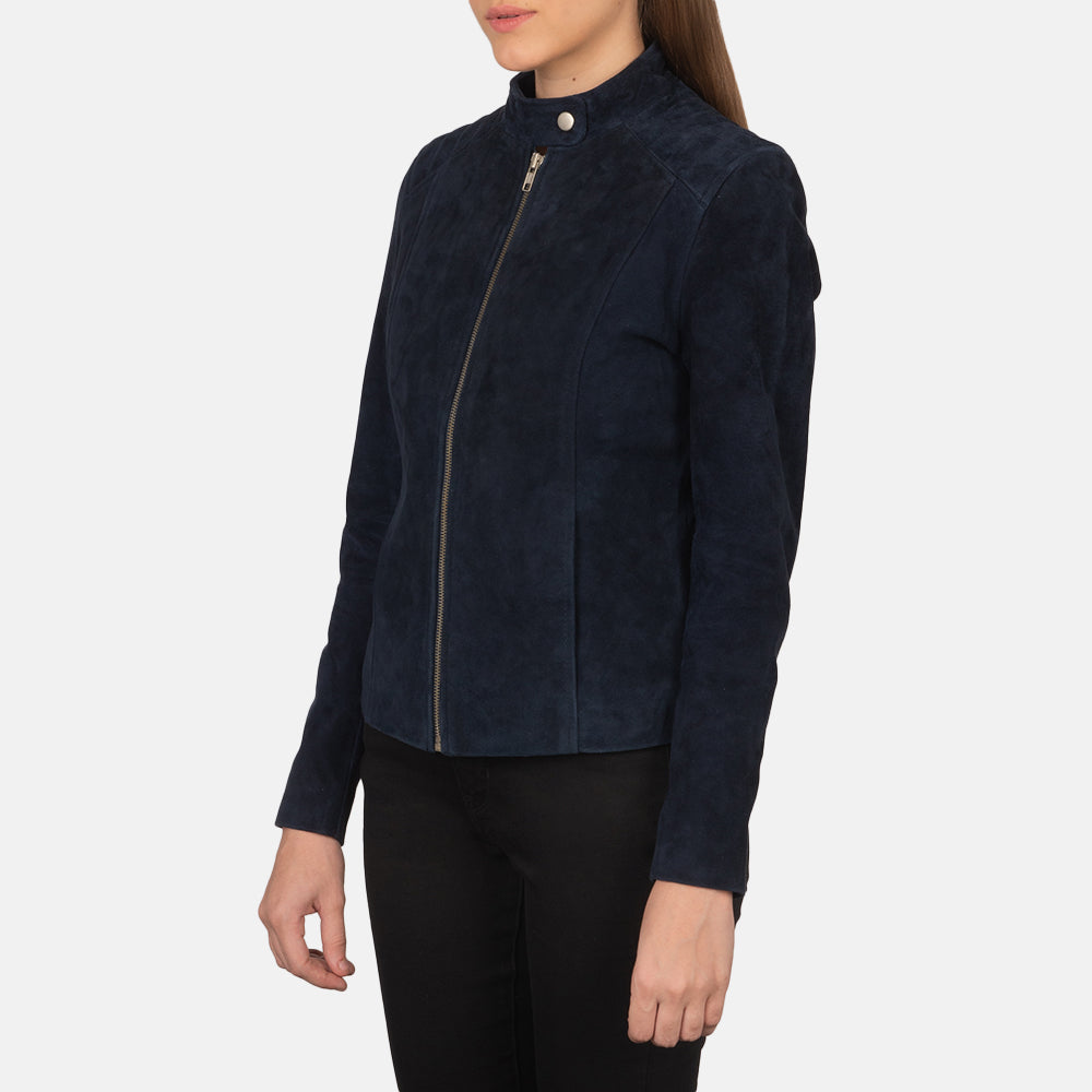 
Navy Blue Goatskin Suede Biker Jacket - Takaa istuvilla olkapäillä ja siistillä helmalla