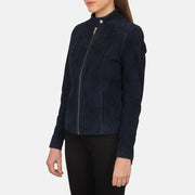 
Navy Blue Goatskin Suede Biker Jacket - Takaa istuvilla olkapäillä ja siistillä helmalla