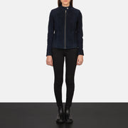 
Kelsee Navy Blue Suede Biker Jacket - Sivuprofiili ergonomisella hihanleikkauksella