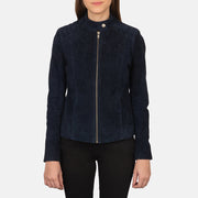 
Lähikuva nepparikauluksesta ja vetoketjusta tuotteessa Kelsee Navy Blue Suede Biker Jacket