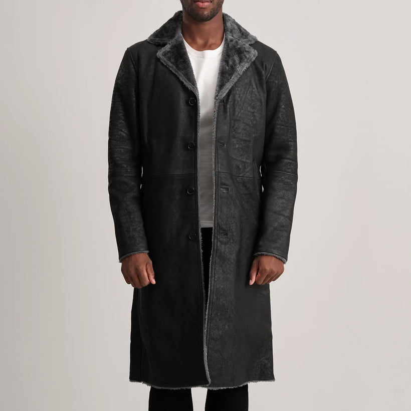 Kolby Distressed Musta Leather Shearling Nahkatakki pitkä Miehille