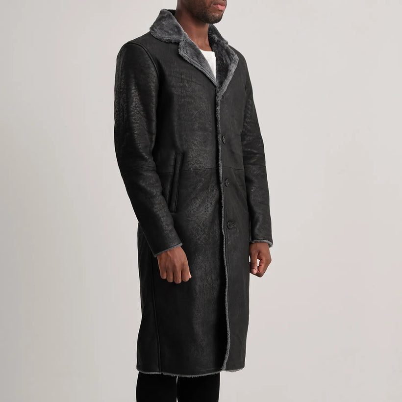 Kolby Distressed Musta Leather Shearling Nahkatakki pitkä Miehille