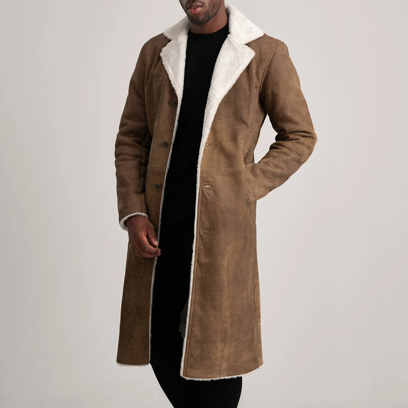 Kolby Distressed Ruskea Leather Shearling Nahkatakki pitkä Miehille