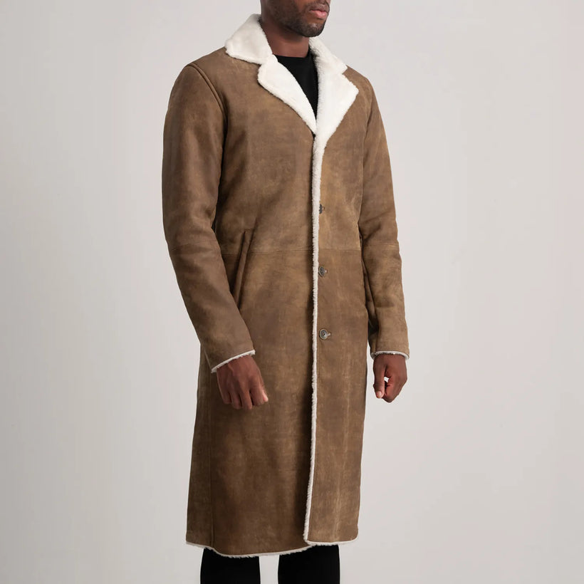 Kolby Distressed Ruskea Leather Shearling Nahkatakki pitkä Miehille