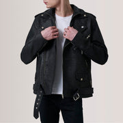 
Kole Distressed Musta Leather Double Rider Nahkatakki Miehille in Distressed Black Sheepskin Snuffed - Edestä ja räätälöity siluetti | Osta verkosta