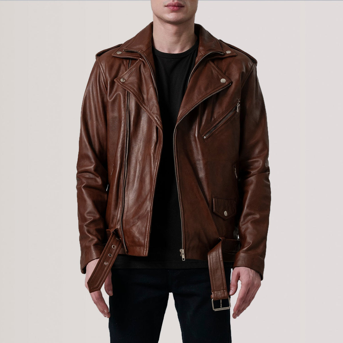 
Kole Waxed Ruskea Leather Double Rider Nahkatakki Miehille in Distressed Brown Sheepskin Burnished - Edestä ja räätälöity siluetti | Osta verkosta
