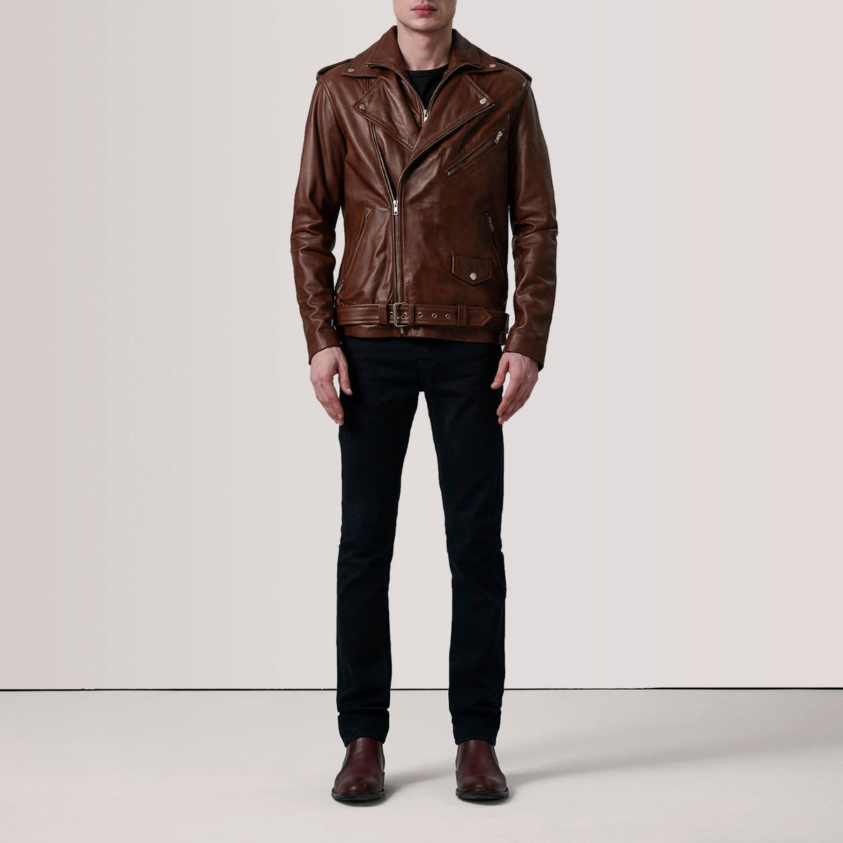 
Distressed Brown Sheepskin Burnished Biker Jacket - Takaa istuvilla olkapäillä ja siistillä helmalla