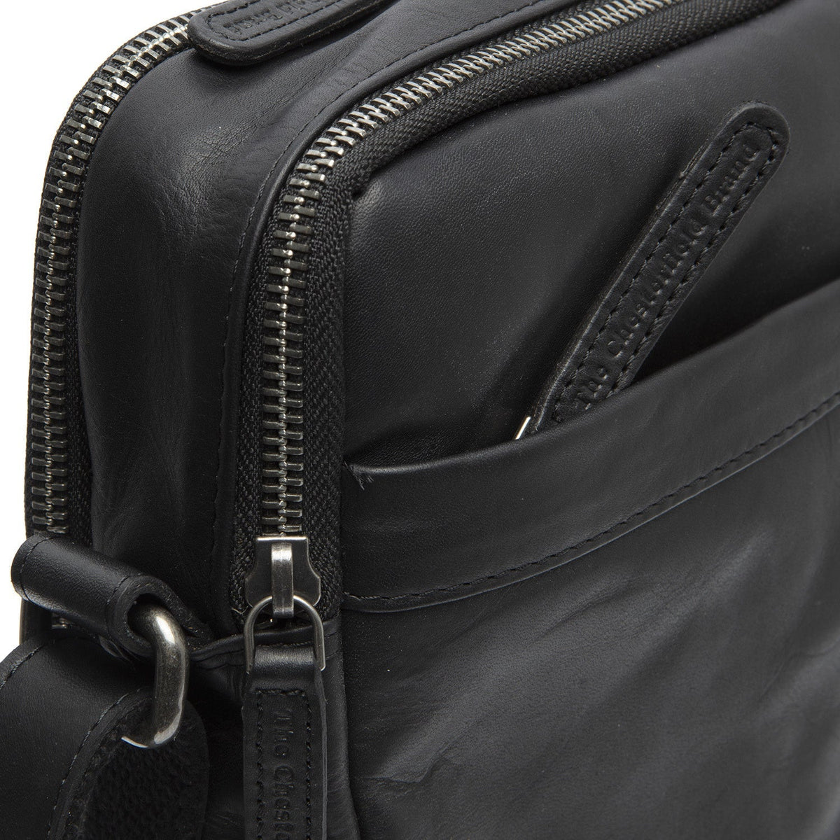 Solid Antique Brass Hardware &amp; Heavy-Duty Dual Zipper Detail on Alva Full-Grain Leather Crossbody Bag Miehille