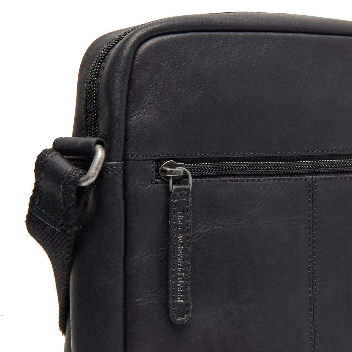 Solid Antique Brass Hardware &amp; Heavy-Duty Dual Zipper Detail on Anzora Full-Grain Leather Crossbody Bag Miehille