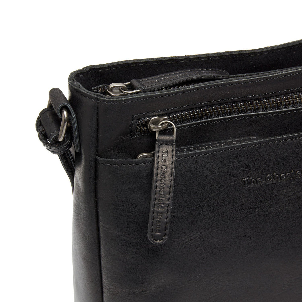 Solid Antique Brass Hardware &amp; Heavy-Duty Dual Zipper Detail on Mumbai Full-Grain Leather Crossbody Bag Naisille
