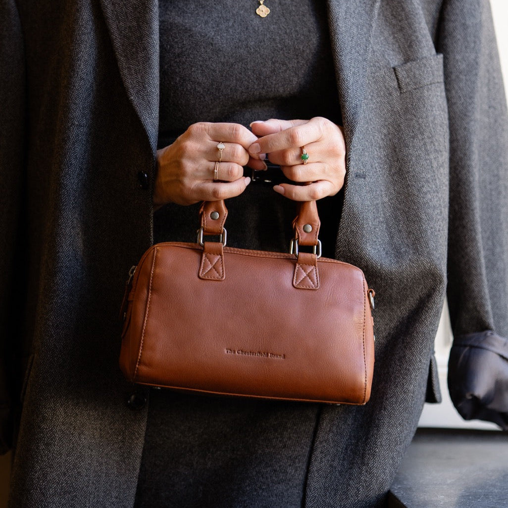 Styled Fit Perspective of Dalford Full-Grain Leather Handbag Naisille on Model - Natural Daylight Drape