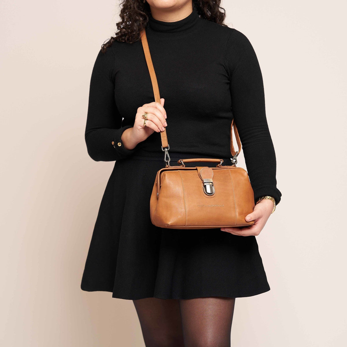 Styled Fit Perspective of Rachael Full-Grain Leather Handbag Naisille on Model - Natural Daylight Drape