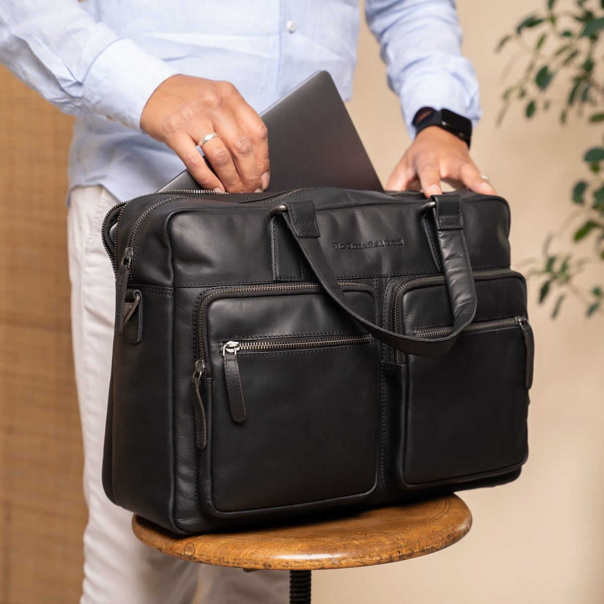 Misha Full-Grain Leather Laptop Bag Naisille - Structured Side Profile Showing Gusset Depth &amp; Expansion Capacity