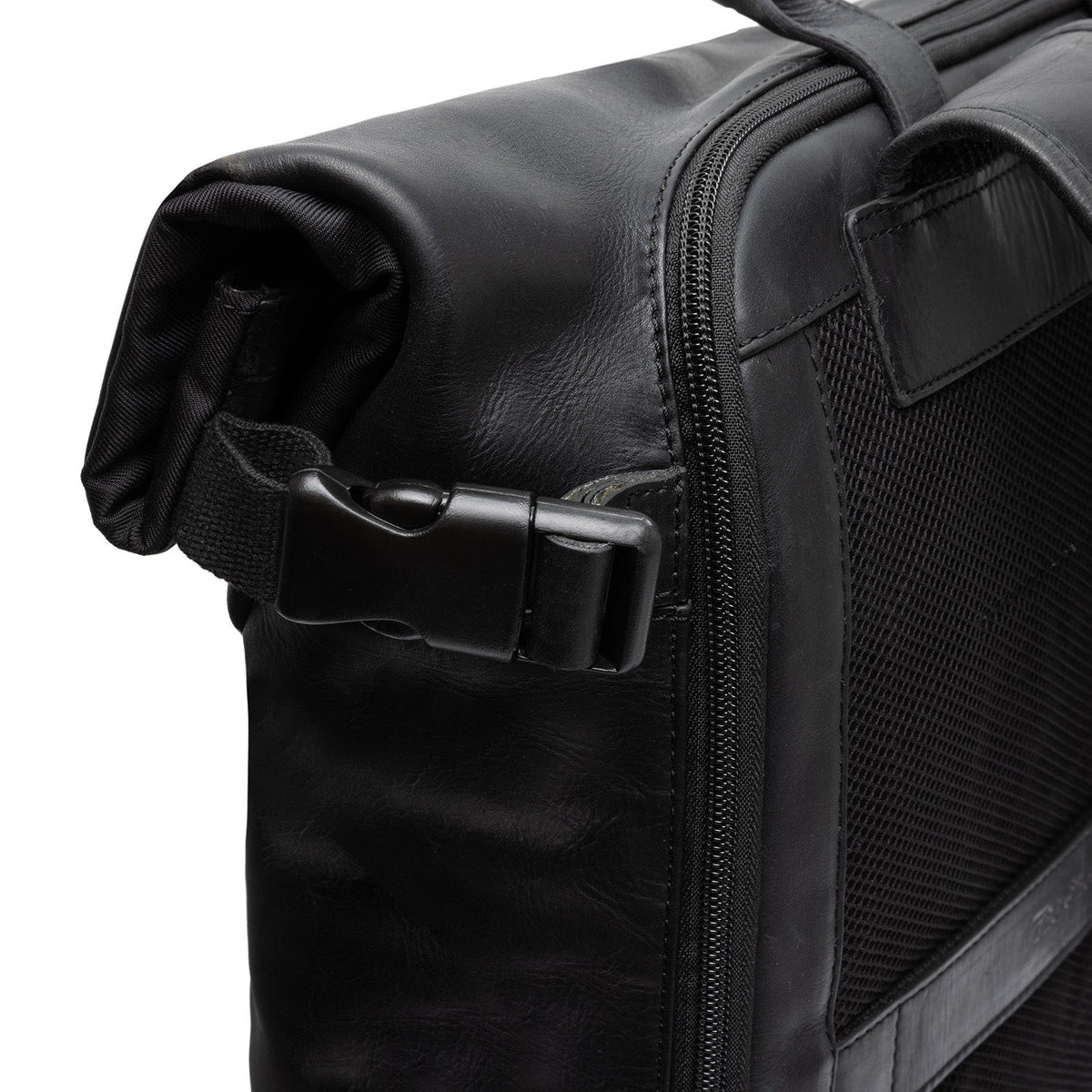 Solid Antique Brass Hardware &amp; Heavy-Duty Dual Zipper Detail on Bornholm Full-Grain Leather Roll-top Backpack Naisille