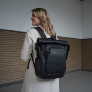 Remo Full-Grain Leather Roll-top Backpack Naisille - Structured Side Profile Showing Gusset Depth &amp; Expansion Capacity