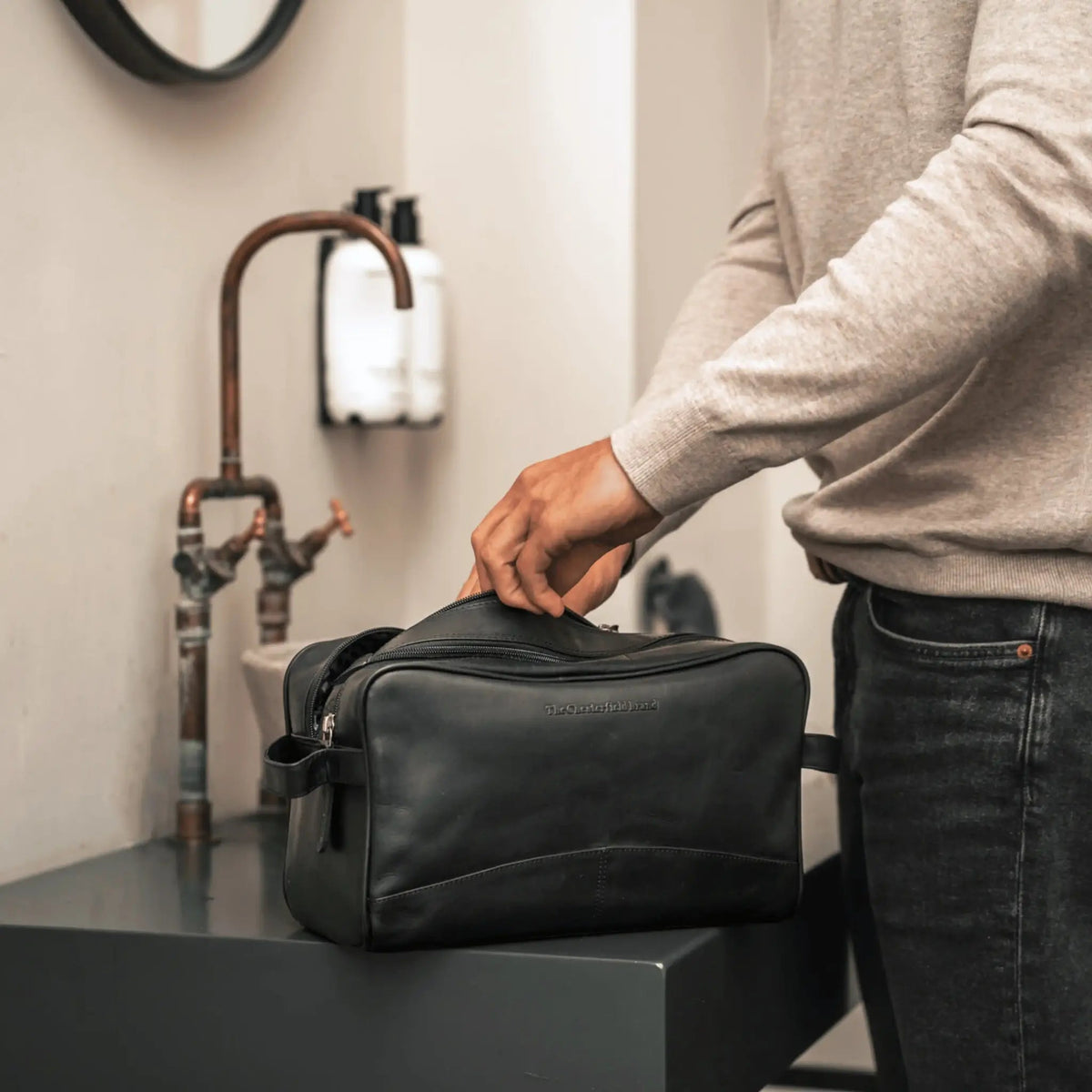 Stefan Full-Grain Leather Toiletry Bag Naisille - Lateral Side Profile View Showing Sleeve Cut &amp; Athletic Taper Fit