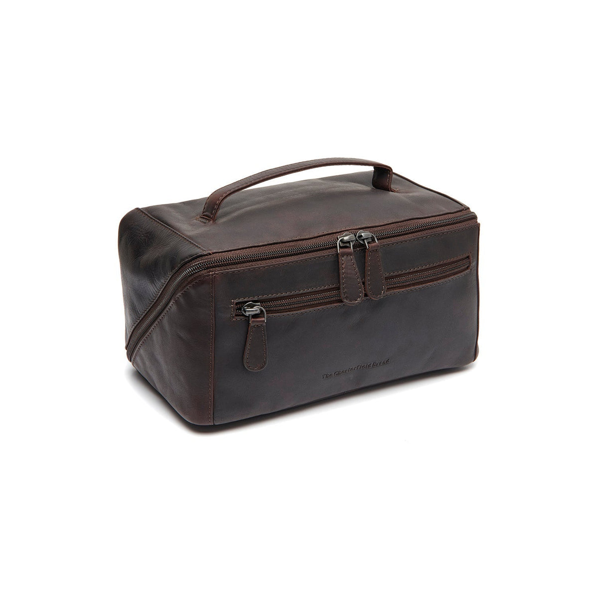 Styled Fit Perspective of Trevia Full-Grain Leather Toiletry Bag Naisille on Model - Natural Daylight Drape
