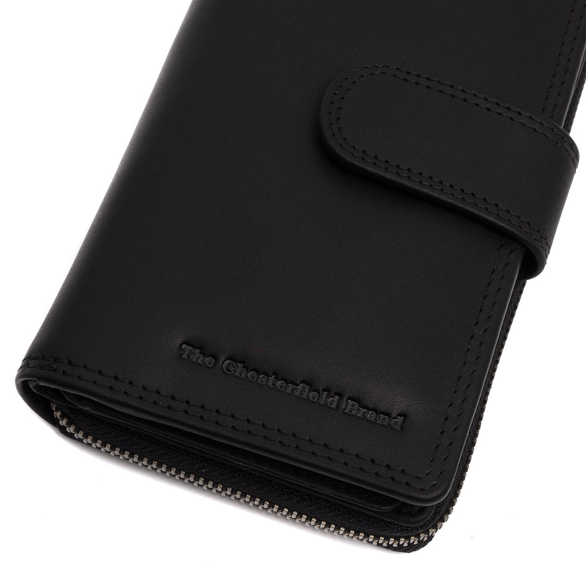 Solid Antique Brass Hardware &amp; Heavy-Duty Dual Zipper Detail on Charlotte Full-Grain Leather Wallet Naisille