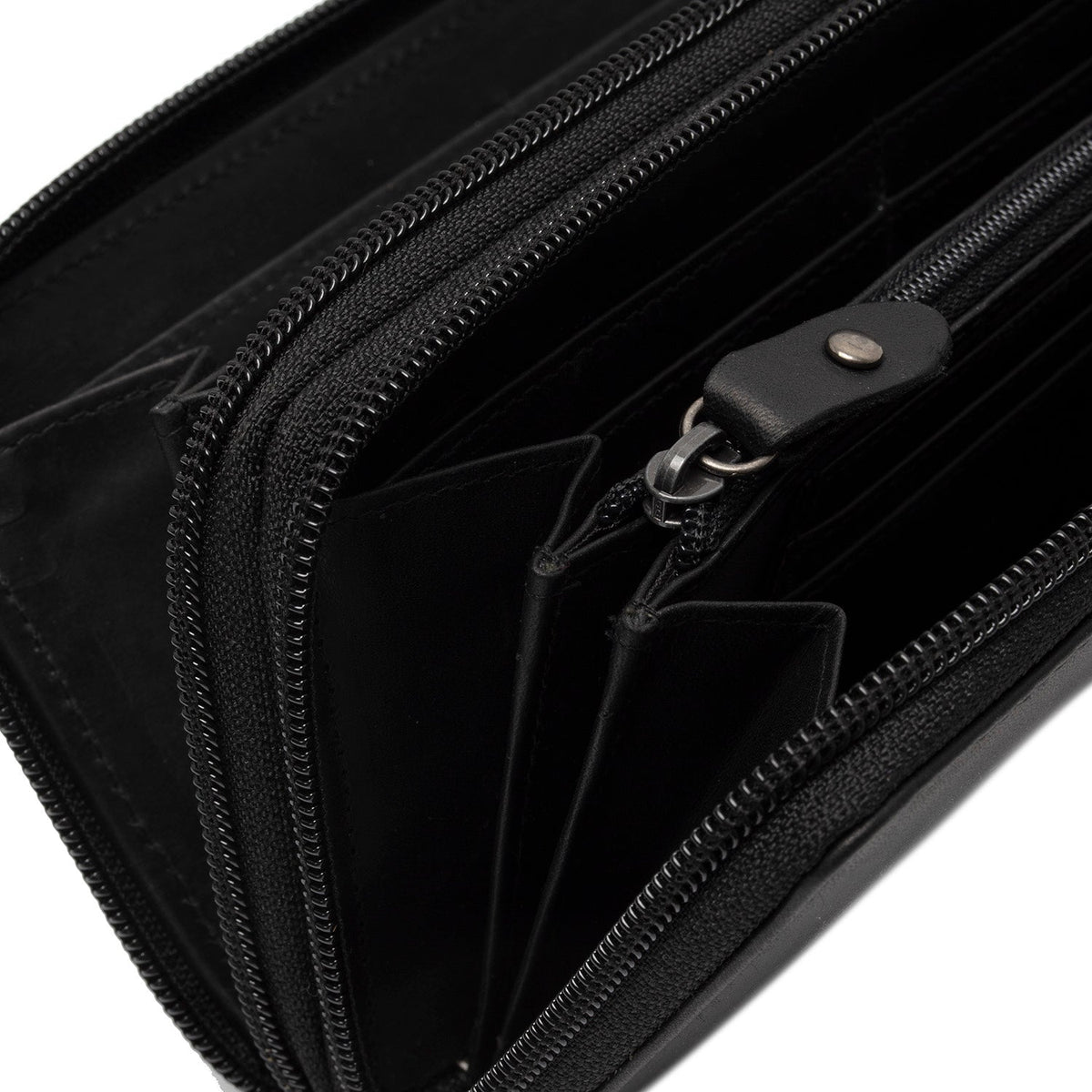 Solid Antique Brass Hardware &amp; Heavy-Duty Dual Zipper Detail on Hadley Full-Grain Leather Wallet Naisille