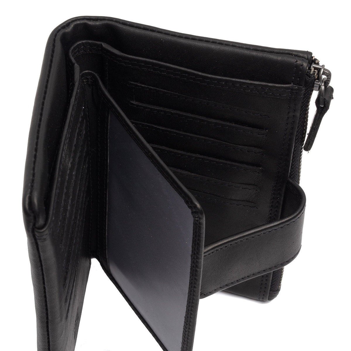 Solid Antique Brass Hardware &amp; Heavy-Duty Dual Zipper Detail on Landau Full-Grain Leather Wallet Naisille