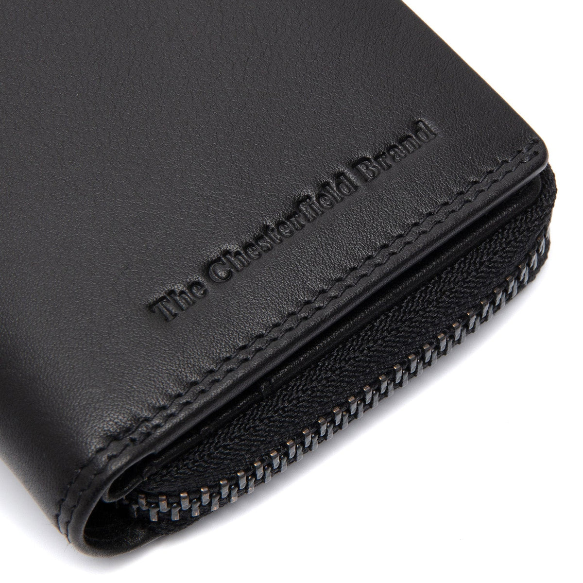 Solid Antique Brass Hardware &amp; Heavy-Duty Dual Zipper Detail on Lenwick Full-Grain Leather Wallet Naisille