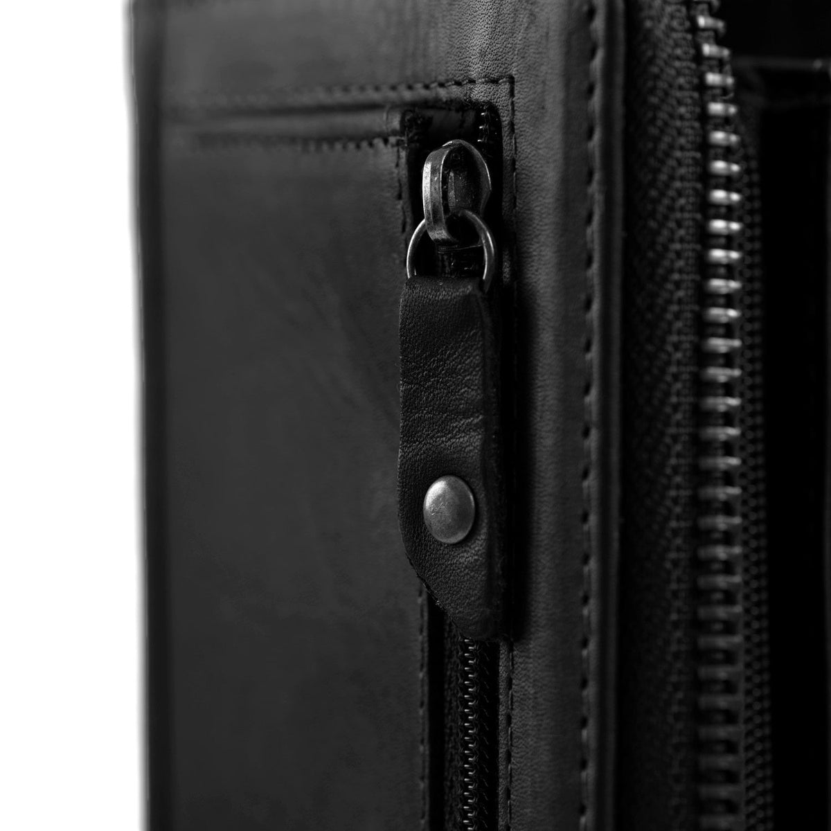 Solid Antique Brass Hardware &amp; Heavy-Duty Dual Zipper Detail on Nova Full-Grain Leather Wallet Naisille