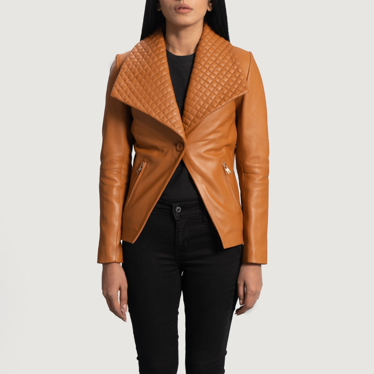 Women's Lee Vaaleanruskea Ruskea Nahkainen Bleiseri Naisille in Tan Brown Sheepskin Leather - Front Profile View &amp; Tailored Silhouette | Buy Online
