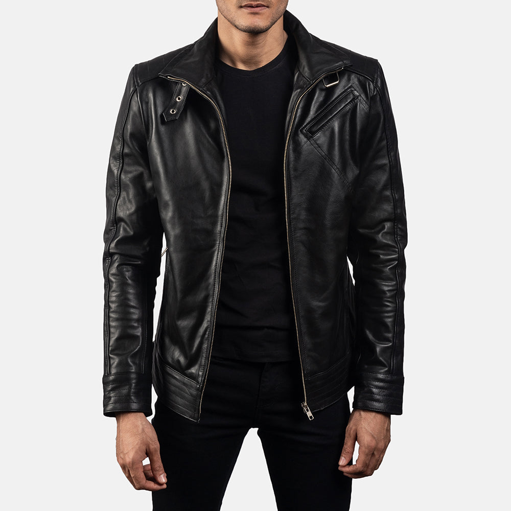 Men's Legacy Musta Nahkainen Biker-takki Miehille in Black Cowhide Leather - Front Profile View &amp; Tailored Silhouette | Buy Online